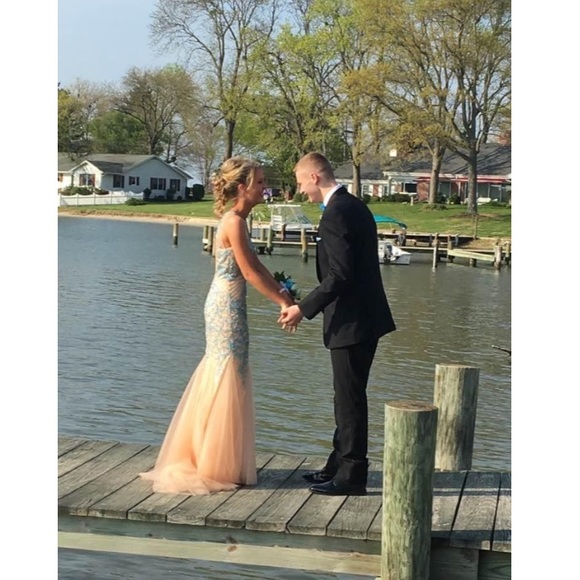 Sparkle Aqua & Tan Mermaid Sleeveless Prom Pageant Gown - Picture 2 of 5